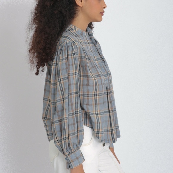 Ulla Johnson / Clarke blue plaid gathered checked cotton voile blouse top 8 - Picture 3 of 9